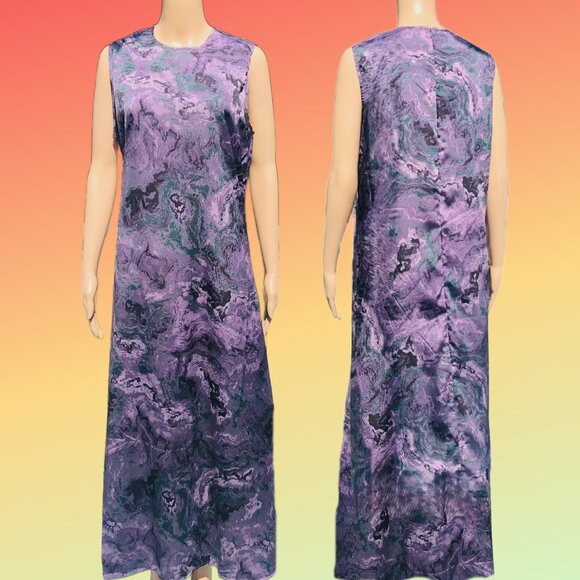 E. U. X. EXCLUSIVE Purple Marbled Pattern Sleeveless Maxi Dress Sz M - L NEW - Picture 3 of 4